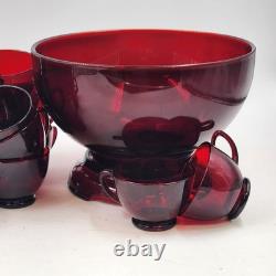 Anchor Hocking Royal Ruby Red Punch Bowl Stand & 23 Cups Vintage Set