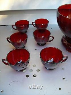 Anchor Hocking Ruby Red Punch Bowl Set With Base & 12 Cups & Box
