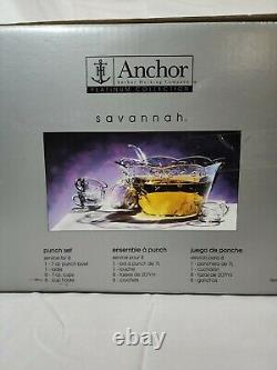 Anchor Hocking Savannah Platinum Punch Bowl Set 9 piece Made in USA