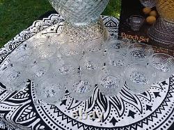 Anchor Hocking Wexford Glass Punch Bowl WithBase & 18 Cups Diamond Pattern