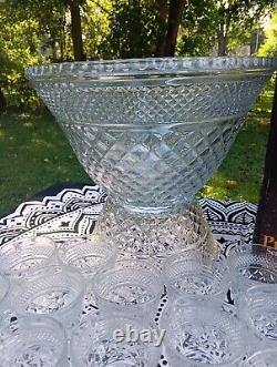 Anchor Hocking Wexford Glass Punch Bowl WithBase & 18 Cups Diamond Pattern