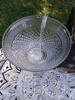 Anchor Hocking Wexford Glass Punch Bowl WithBase & 18 Cups Diamond Pattern