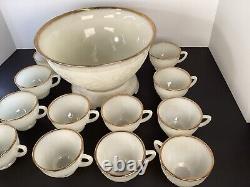 Anchor hocking sandwich Ivory glass punch bowl/Cups scroll floral Gold Gilt READ