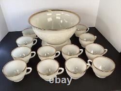 Anchor hocking sandwich Ivory glass punch bowl/Cups scroll floral Gold Gilt READ