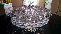 Antique 12 Cup Punch Bowl on Platter with Footed Cups, Ladle. All Original