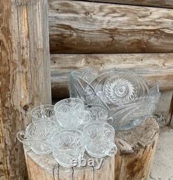 Antique 1896-1904 McKee Aztec Pressed Glass Punch Bowl and 8 Serving Cups