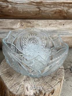 Antique 1896-1904 McKee Aztec Pressed Glass Punch Bowl and 8 Serving Cups