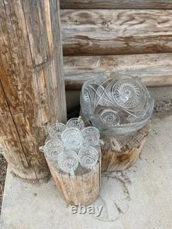 Antique 1896-1904 McKee Aztec Pressed Glass Punch Bowl and 8 Serving Cups
