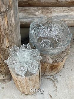 Antique 1896-1904 McKee Aztec Pressed Glass Punch Bowl and 8 Serving Cups