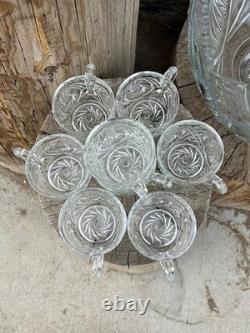 Antique 1896-1904 McKee Aztec Pressed Glass Punch Bowl and 8 Serving Cups