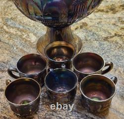 Antique 1910's Northwood Carnival Glass Peacock/Fountain Punch Bowl With6 Cups