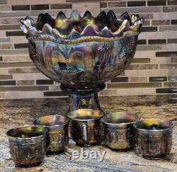 Antique 1910's Northwood Carnival Glass Peacock/Fountain Punch Bowl With6 Cups