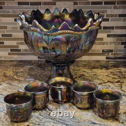 Antique 1910's Northwood Carnival Glass Peacock/Fountain Punch Bowl With6 Cups