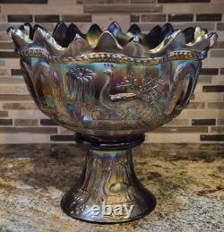 Antique 1910's Northwood Carnival Glass Peacock/Fountain Punch Bowl With6 Cups