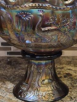 Antique 1910's Northwood Carnival Glass Peacock/Fountain Punch Bowl With6 Cups
