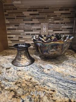Antique 1910's Northwood Carnival Glass Peacock/Fountain Punch Bowl With6 Cups