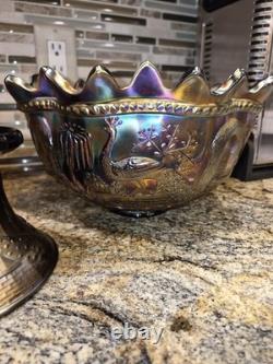 Antique 1910's Northwood Carnival Glass Peacock/Fountain Punch Bowl With6 Cups