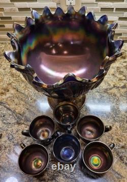 Antique 1910's Northwood Carnival Glass Peacock/Fountain Punch Bowl With6 Cups