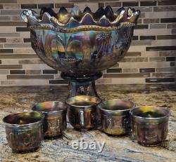 Antique 1910's Northwood Carnival Glass Peacock/Fountain Punch Bowl With6 Cups