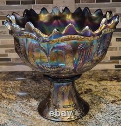 Antique 1910's Northwood Carnival Glass Peacock/Fountain Punch Bowl With6 Cups