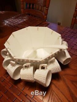 Antique 1950's Fenton Octagonal Punch Bowl Set Milk Glass Hobnail # 3911 Wedding