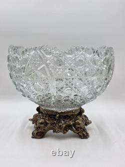 Antique 1960's L. E. Smith Crystal Punch Bowl With Ornate Gold Metal Base. VG Cond