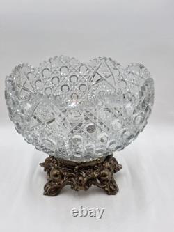 Antique 1960's L. E. Smith Crystal Punch Bowl With Ornate Gold Metal Base. VG Cond