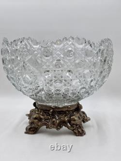 Antique 1960's L. E. Smith Crystal Punch Bowl With Ornate Gold Metal Base. VG Cond