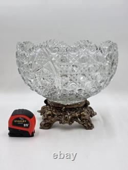 Antique 1960's L. E. Smith Crystal Punch Bowl With Ornate Gold Metal Base. VG Cond