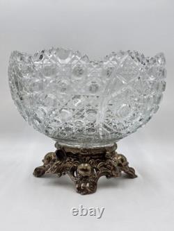 Antique 1960's L. E. Smith Crystal Punch Bowl With Ornate Gold Metal Base. VG Cond