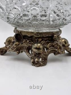 Antique 1960's L. E. Smith Crystal Punch Bowl With Ornate Gold Metal Base. VG Cond