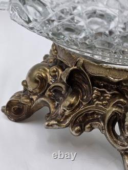 Antique 1960's L. E. Smith Crystal Punch Bowl With Ornate Gold Metal Base. VG Cond