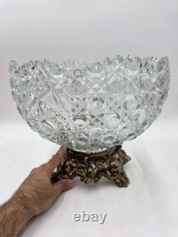 Antique 1960's L. E. Smith Crystal Punch Bowl With Ornate Gold Metal Base. VG Cond