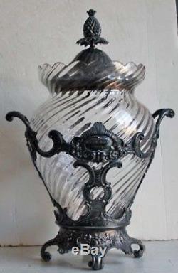 Antique 19c Art Nouveau Silver Punch Bowl Finial Lid Swirl Glass Centerpiece Urn