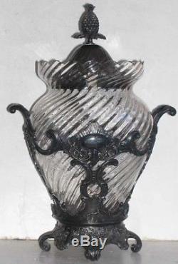 Antique 19c Art Nouveau Silver Punch Bowl Finial Lid Swirl Glass Centerpiece Urn