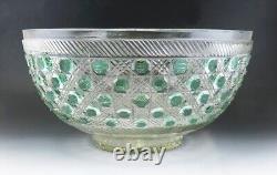 Antique 19th Century Bohemian Czech Cut Green to Clear Glass Punch Bowl