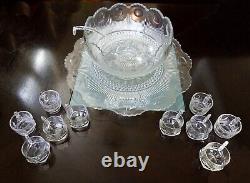 Antique'20s 13-piece GLASS PUNCH BOWL Set, Matching Underplate, Ladle, 10 cups