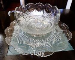 Antique'20s 13-piece GLASS PUNCH BOWL Set, Matching Underplate, Ladle, 10 cups