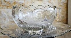 Antique'20s 13-piece GLASS PUNCH BOWL Set, Matching Underplate, Ladle, 10 cups