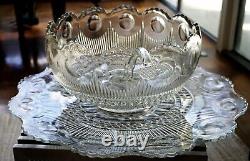 Antique'20s 13-piece GLASS PUNCH BOWL Set, Matching Underplate, Ladle, 10 cups