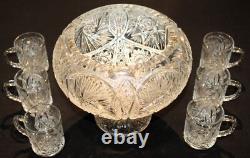 Antique ABP American Brilliant Cut Glass Punch Bowl & Six Matching Mugs