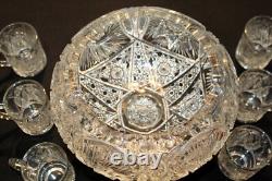 Antique ABP American Brilliant Cut Glass Punch Bowl & Six Matching Mugs