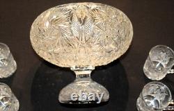 Antique ABP American Brilliant Cut Glass Punch Bowl & Six Matching Mugs