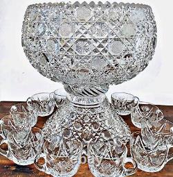 Antique American Brilliant Cut Glass Harvard Punch Bowl with Base & 11 Cups 12