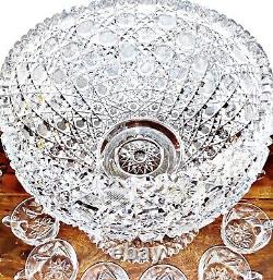 Antique American Brilliant Cut Glass Harvard Punch Bowl with Base & 11 Cups 12