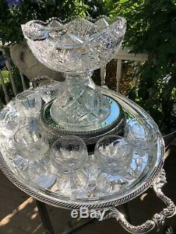 Antique American Brilliant Cut Glass Punch Bowl Pedestal wi/Ladle&14 Etched cups