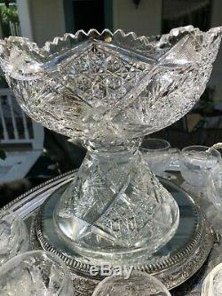 Antique American Brilliant Cut Glass Punch Bowl Pedestal wi/Ladle&14 Etched cups