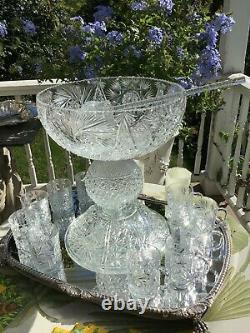 Antique American Brilliant Cut Glass Punch Bowl on Pedestal with Ladle & 14 Cups