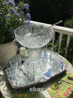 Antique American Brilliant Cut Glass Punch Bowl on Pedestal with Ladle & 14 Cups