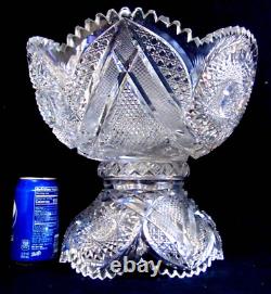 Antique BRILLIANT Cut Glass Crystal Punch Bowl Pedestal Hobstars Miters ABP 14